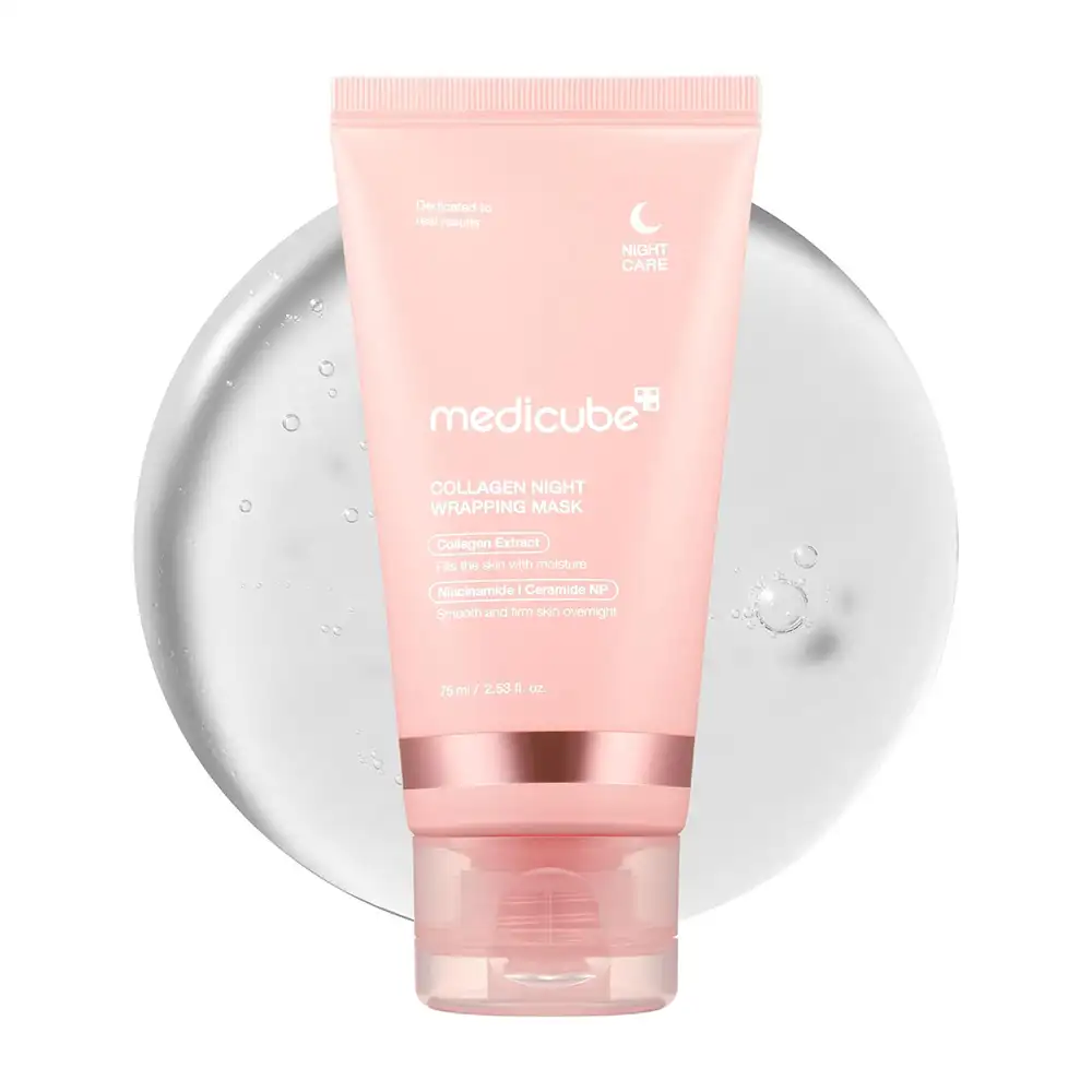 ماسک شب کلاژن مدی کیوب اصل مدل Medicube Collagen Night Wrapping Mask، ماسک پیل آف شبانه کره‌ای حاوی کلاژن هیدرولیز شده، سرامید NP و آدنوزین برای کمک به آبرسانی، بهبود لطافت، افزایش الاستیسیته ظاهری و درخشش پوست