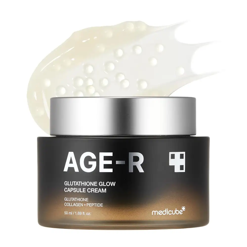 کرم کپسولی جوانساز و روشن‌کننده گلوتاتیون مدی کیوب اصل مدل Medicube AGE R Glutathione Glow Capsule Cream، کرم کره‌ای حاوی کپسول‌های گلوتاتیون، پپتید کلاژن و ترکیبات آبرسان برای کمک به شفافیت