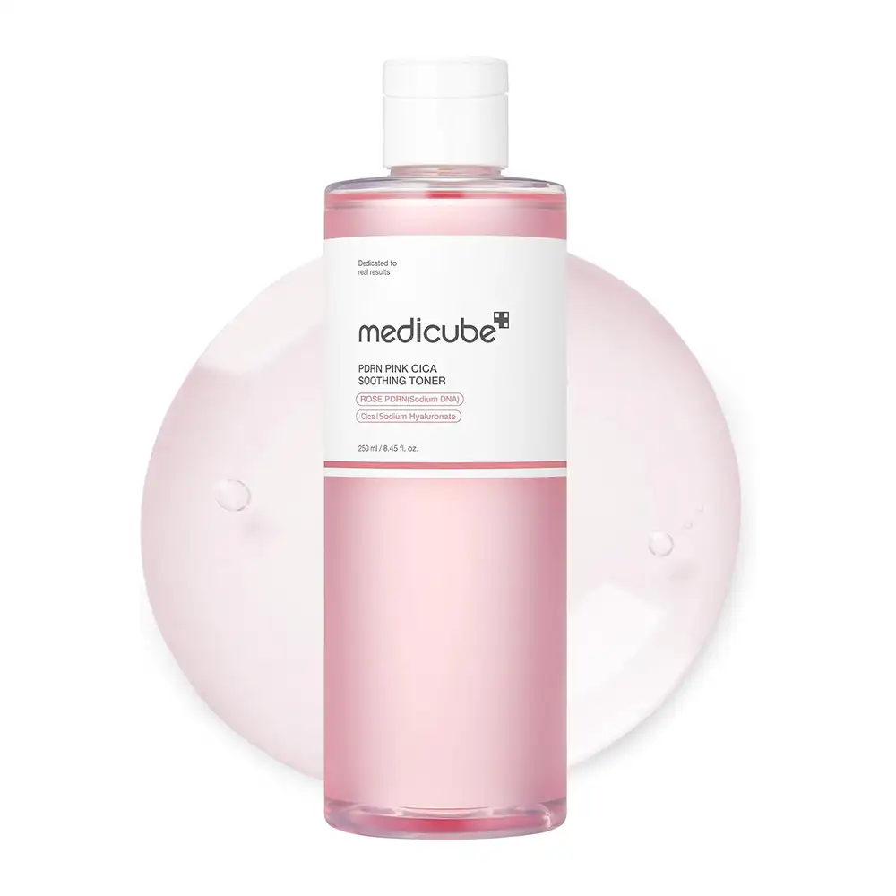 تونر صورتی تسکین‌دهنده و روشن‌کننده سیکا مدی کیوب اصل مدل Medicube PDRN Toner Salmon DNA PDRN CICA Soothing Toner
