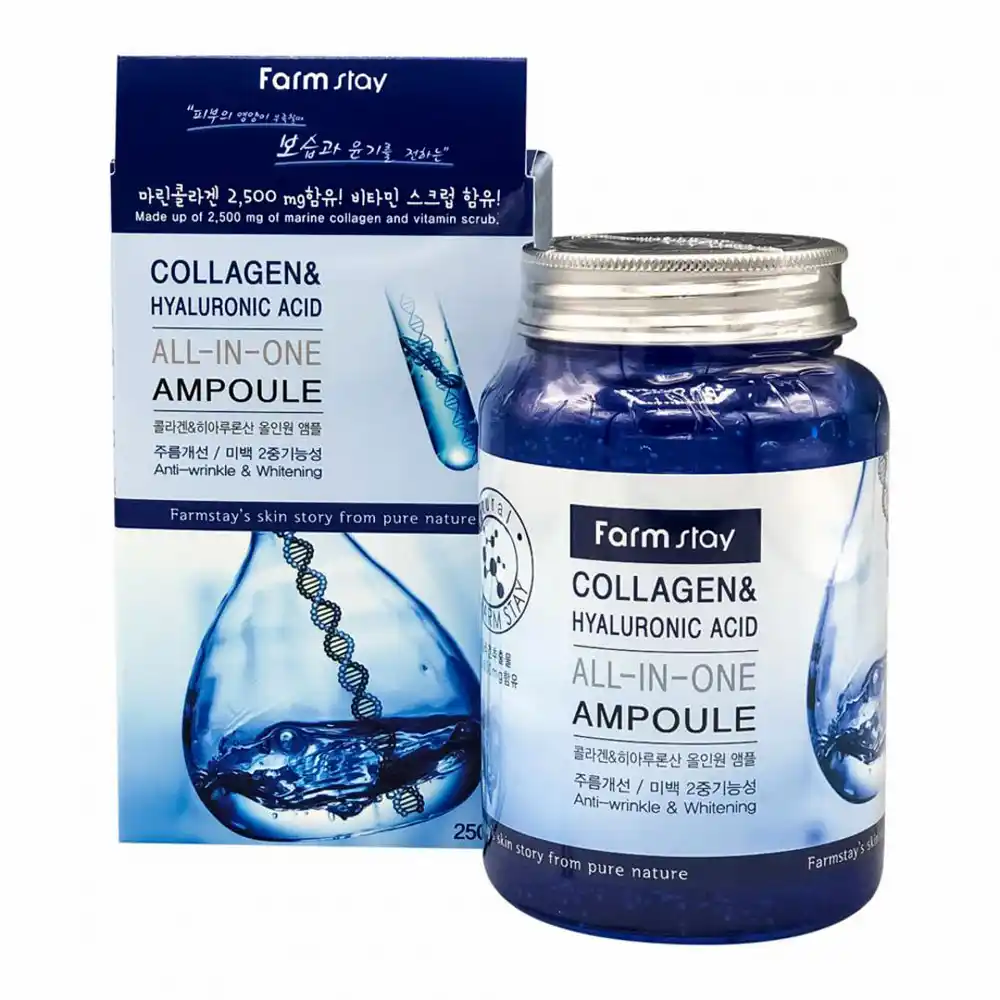 آمپول کلاژن و هیالورونیک اسید فام استی Farmstay All In One Ampoule 250ml سرم ضد چروک و مرطوب‌کننده حاوی کلاژن دریایی برای همه انواع پوست