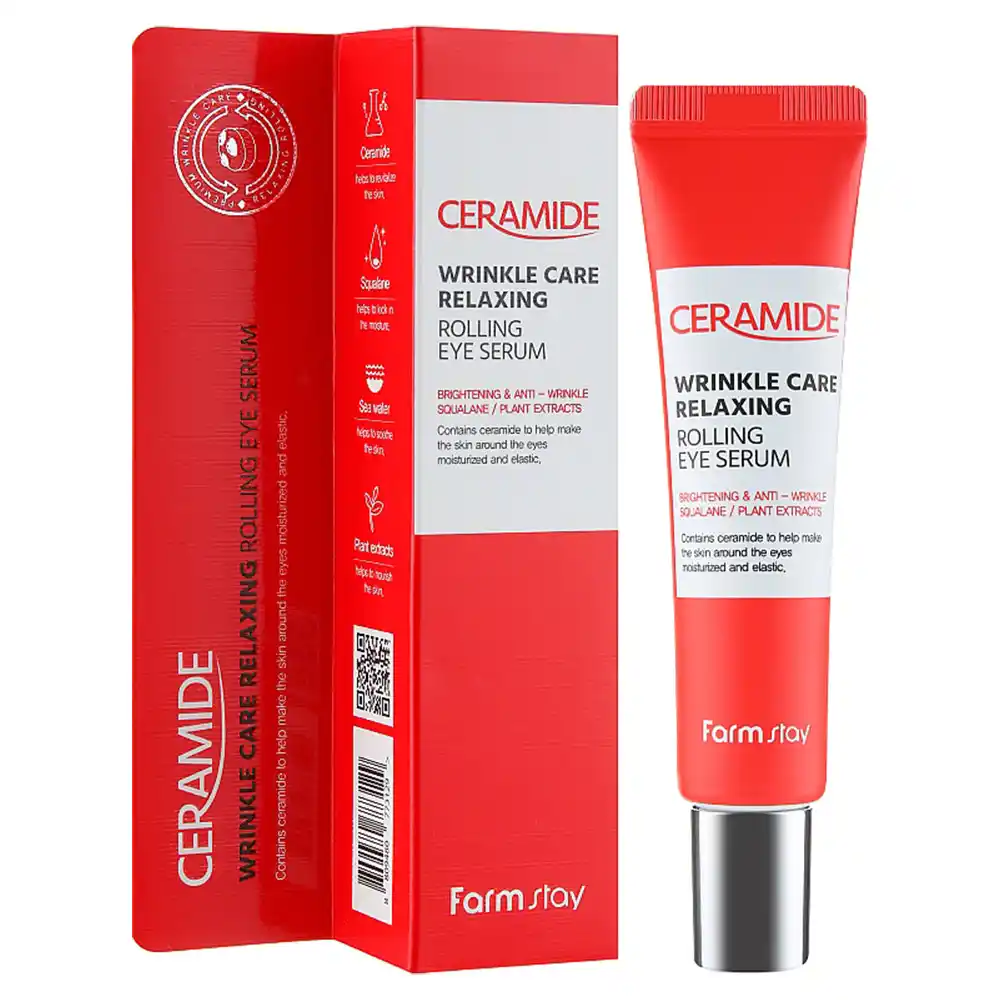 سرم ضد چروک و روشنکننده دور چشم رولی سرامید فارم استی Farmstay Ceramide Wrinkle Care Relaxing Rolling Eye Serum 25ml با اپلیکاتور سه توپی ماساژور حاوی نیاسینامید و سرامید سرم ضد چروک و روشنکننده دور چشم رولی سرامید فارم استی Farmstay Ceramide Wrinkle Care Relaxing Rolling Eye Serum 25ml با اپلیکاتور سه توپی ماساژور حاوی نیاسینامید و سرامید