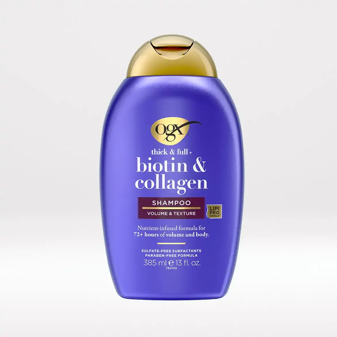 شامپو ضخیم‌کننده و حجم‌دهنده بیوتین و کلاژن او جی ایکس OGX Thick and Full Biotin and Collagen Volumizing Shampoo برای تقویت و افزایش حجم موهای نازک و کم‌پشت با فناوری LipiPro Shield بدون سولفات