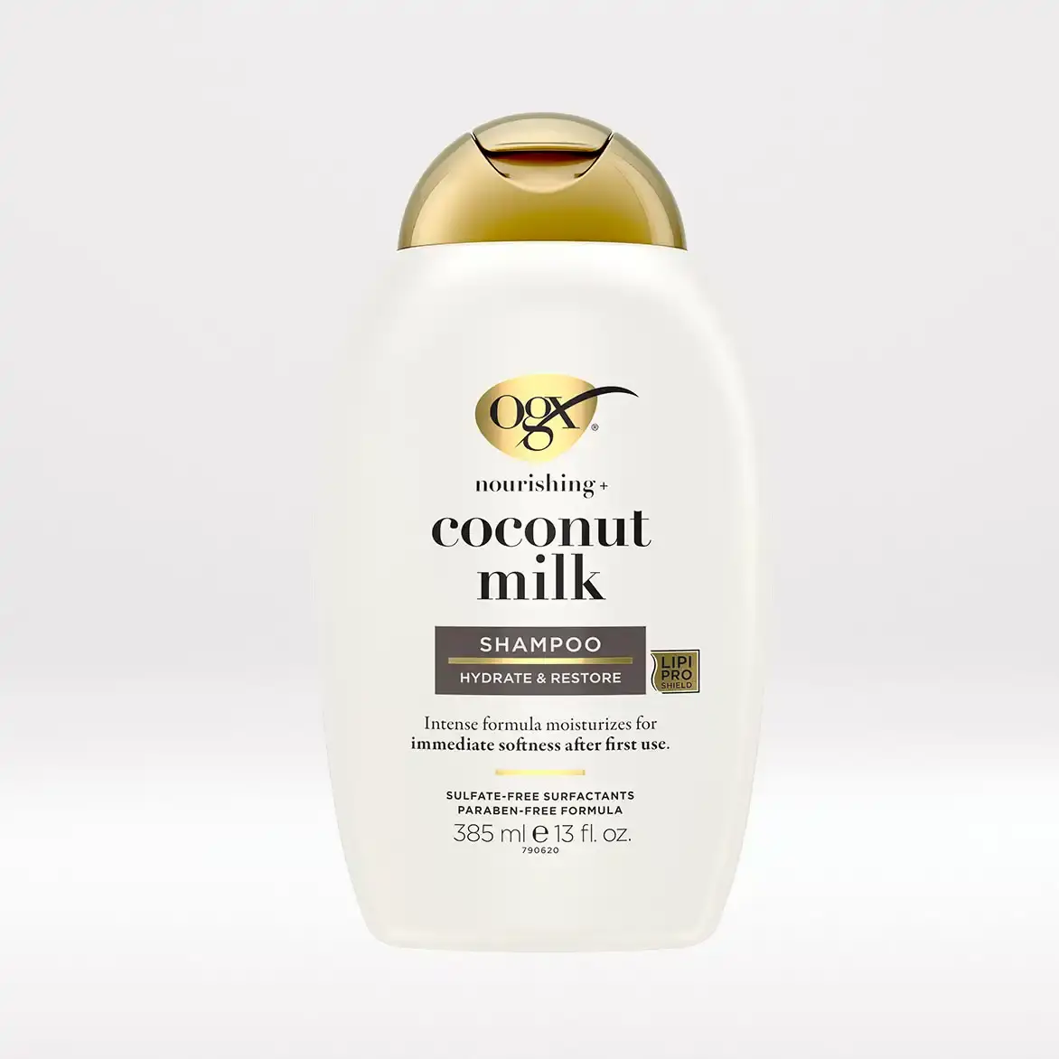 شامپو مغذی شیر نارگیل بدون سولفات او جی ایکس OGX Nourishing Coconut Milk Shampoo برای آبرسانی و ترمیم موهای خشک آسیب‌دیده با فناوری LipiPro Shield