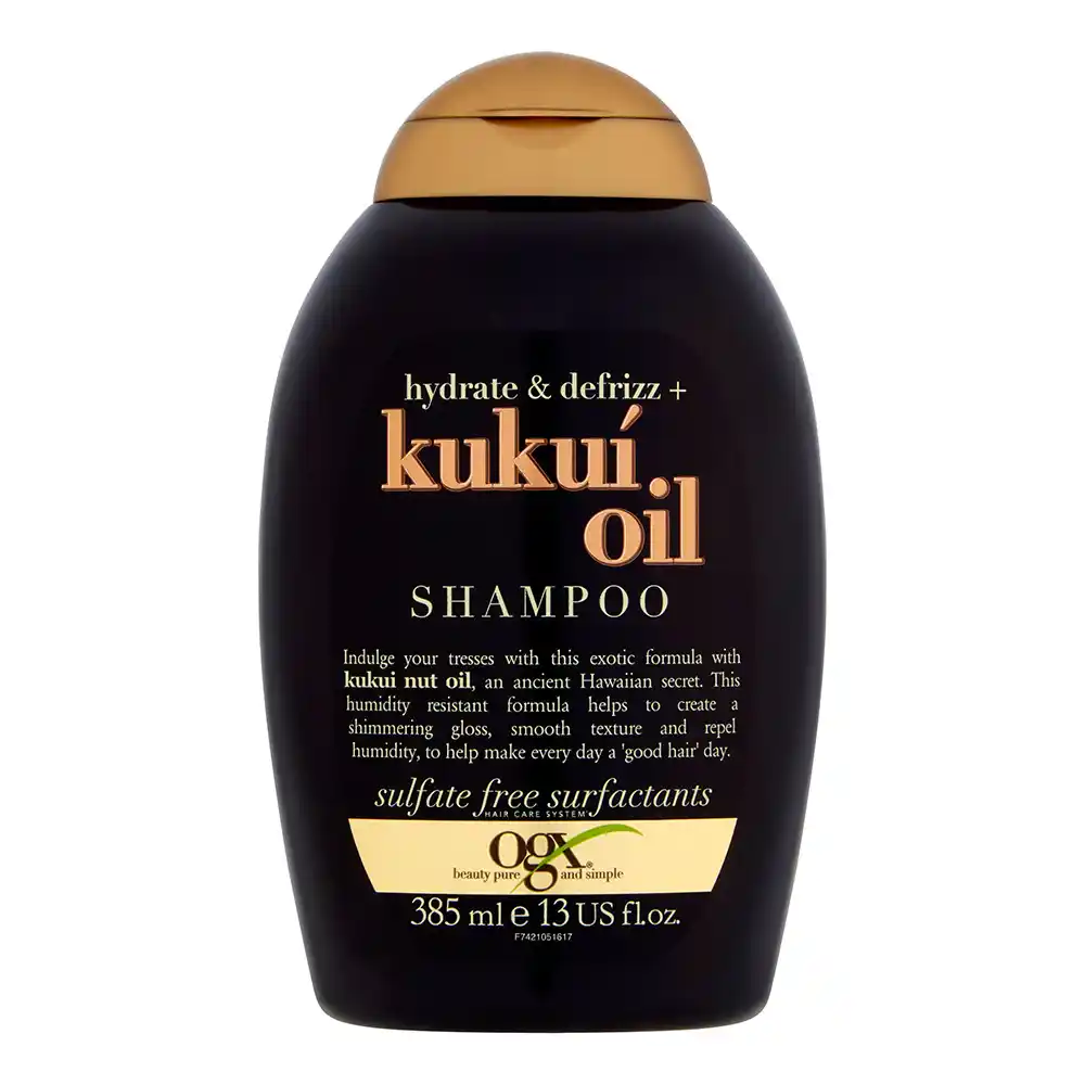شامپو آبرسان و ضد وز روغن کوکوی او جی ایکس OGX Hydrate and Defrizz Kukui Oil Shampoo با روغن مغز کوکوی هاوایی برای کنترل وز و براقی موهای ضخیم فر بدون سولفات