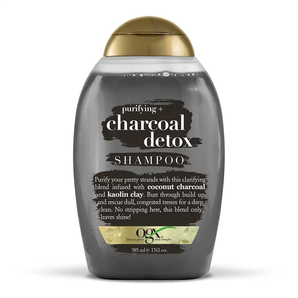 شامپو پاک‌کننده و دتاکس زغال اکتیو او جی ایکس OGX Purifying Charcoal Detox Shampoo با زغال نارگیل و خاک رس کائولن برای حذف رسوبات محصولات استایلینگ و آلودگی بدون سولفات