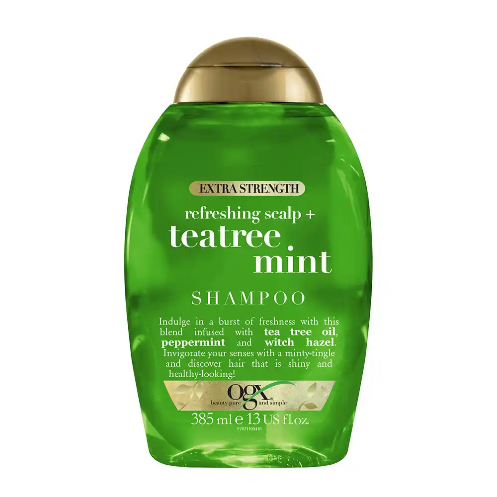 شامپو شاداب‌کننده درخت چای و نعناع او جی ایکس OGX Refreshing Scalp Teatree Mint Shampoo با روغن درخت چای، نعناع و هاماملیس برای پاکسازی عمیق و تقویت پوست سر بدون سولفات