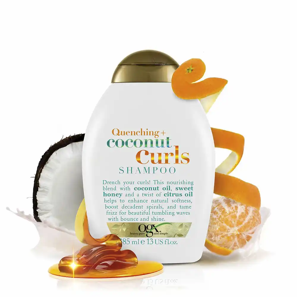 OGX Quenching + Coconut Curls, Curl Defining Shampoo – Hydrating & Nourishing Curly Hair Shampoo with Coconut Oil, Citrus Oil & Honey – Paraben Free – Sulfate Free Surfactants – 385ml