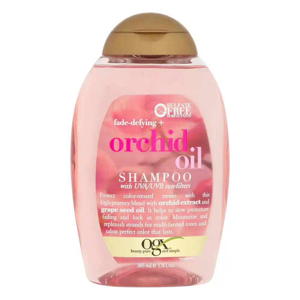 شامپو مراقبت رنگ موی او جی ایکس OGX Fade Defying Orchid Oil Shampoo حاوی روغن ارکیده و فیلتر UV برای حفظ رنگ، جلوگیری از محو شدگی و آبرسانی موهای رنگ‌شده 385 میلی‌لیتر
