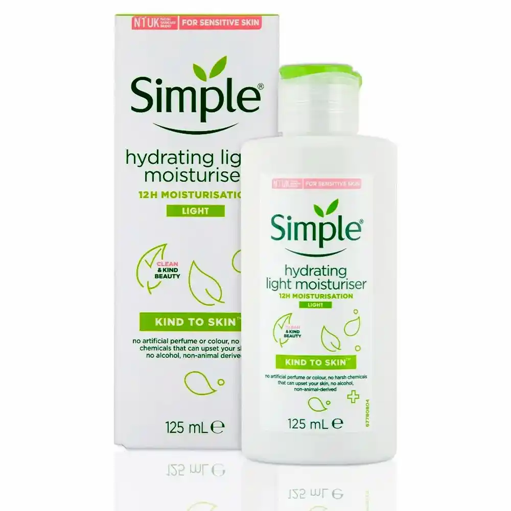 کرم مرطوب کننده و آبرسان لایت سیمپل Simple Kind To Skin Hydrating Light Moisturiser با گلیسیرین و روغن گل گاوزبان برای آبرسانی سبک پوست حساس 125 میلی‌لیتر