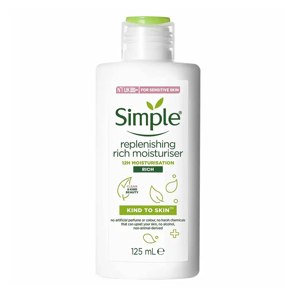کرم آبرسان و مرطوب کننده ریچ سیمپل Simple Kind To Skin Replenishing Rich Moisturiser با نیاسینامید، ویتامین B5 و E برای آبرسانی غنی پوست حساس و خشک 125 میلی‌لیتر