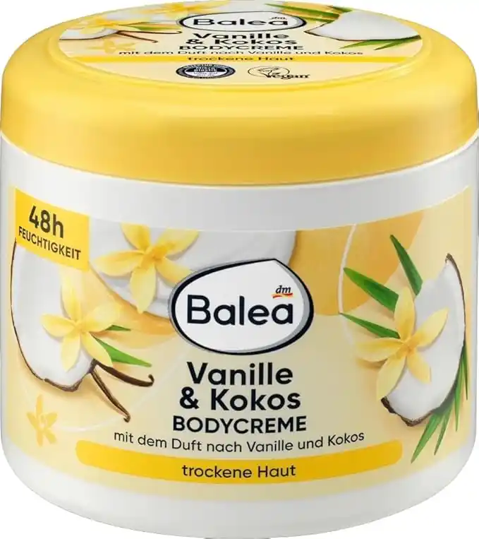 کرم بدن نارگیل و وانیل باله آ Balea Vanille & Kokos با آبرسانی ۴۸ ساعته و رایحه لوکس برای تغذیه عمیق پوست خشک، 500 میلیلیتر کرم بدن نارگیل و وانیل باله آ Balea Vanille & Kokos با آبرسانی ۴۸ ساعته و رایحه لوکس برای تغذیه عمیق پوست خشک، 500 میلیلیتر