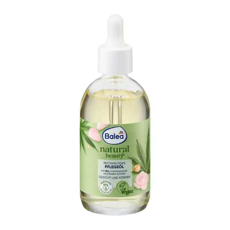 روغن صورت و بدن گیاهی تقویتی باله آ Balea Natural Beauty با روغن شاهدانه ارگانیک و عصاره گل رز برای تغذیه و نرمی پوست خشک، وگان و ۹۱٪ طبیعی، 100 میلیلیتر روغن صورت و بدن گیاهی تقویتی باله آ Balea Natural Beauty با روغن شاهدانه ارگانیک و عصاره گل رز برای تغذیه و نرمی پوست خشک، وگان و ۹۱٪ طبیعی، 100 میلیلیتر