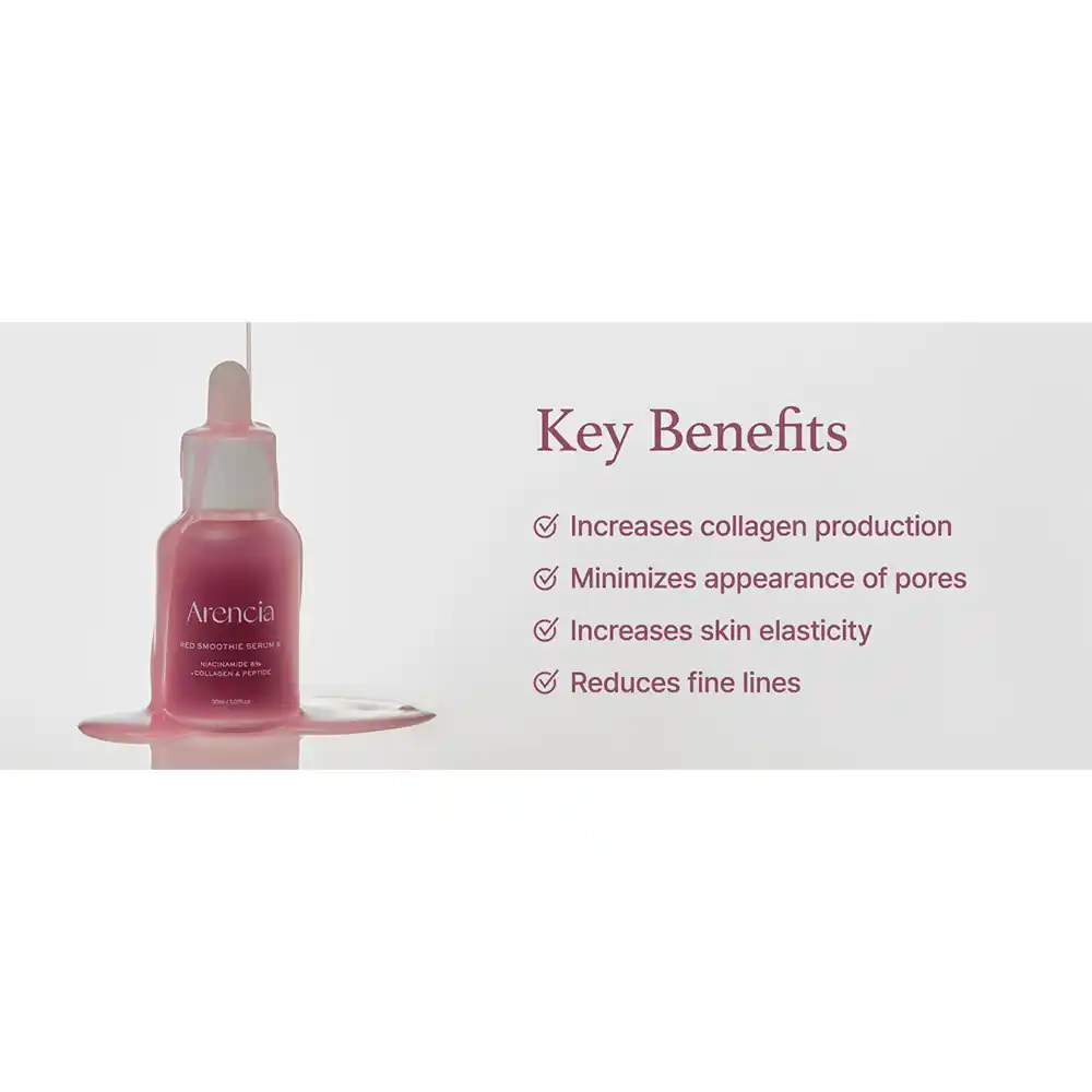 سرم کلاژن قرمز و نیاسینامید ۸٪ آرنسیا Arencia Overnight Red Smoothie Serum | جوانساز، روشن‌کننده و جمع‌کننده منافذ پوست
