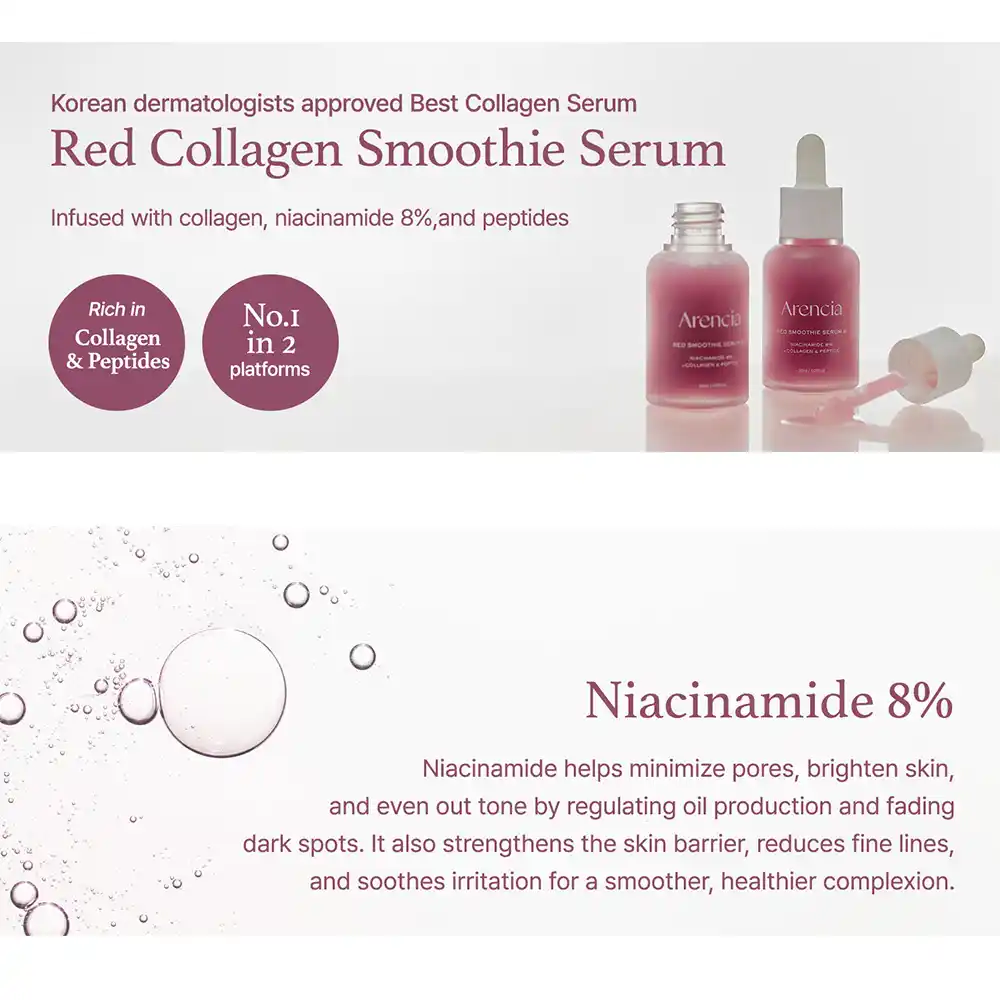 سرم کلاژن قرمز و نیاسینامید ۸٪ آرنسیا Arencia Overnight Red Smoothie Serum | جوانساز، روشن‌کننده و جمع‌کننده منافذ پوست
