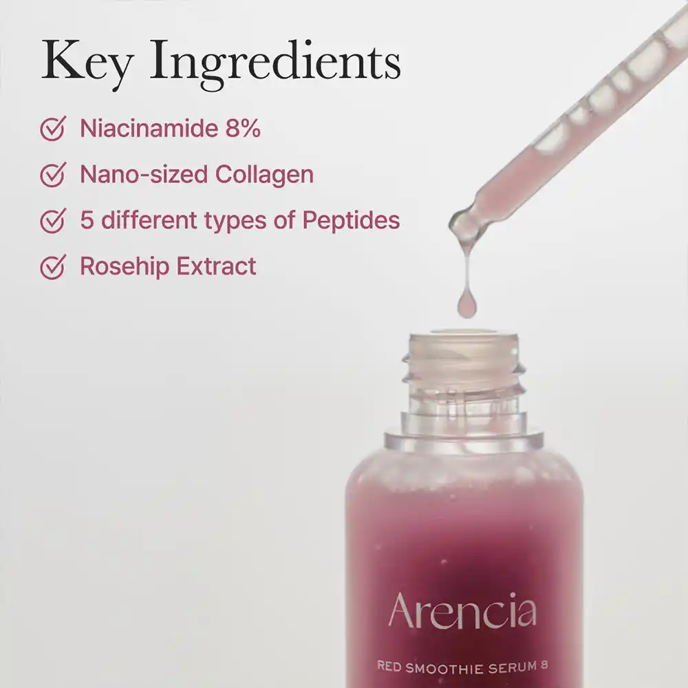 سرم کلاژن قرمز و نیاسینامید ۸٪ آرنسیا Arencia Overnight Red Smoothie Serum | جوانساز، روشن‌کننده و جمع‌کننده منافذ پوست
