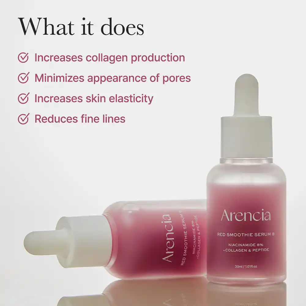 سرم کلاژن قرمز و نیاسینامید ۸٪ آرنسیا Arencia Overnight Red Smoothie Serum | جوانساز، روشن‌کننده و جمع‌کننده منافذ پوست