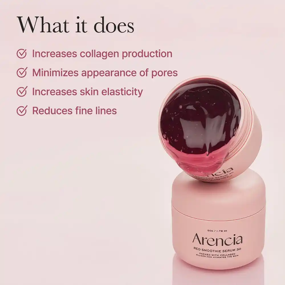 سرم ماسک اسموتی قرمز آرنسیا Arencia Overnight Red Smoothie Serum | ۳۰٪ کلاژن قرمز، نیاسینامید، پپتید و روشن‌کننده جوانساز پوست