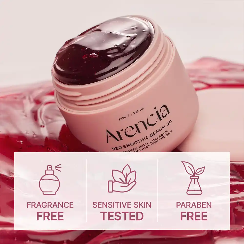 سرم ماسک اسموتی قرمز آرنسیا Arencia Overnight Red Smoothie Serum | ۳۰٪ کلاژن قرمز، نیاسینامید، پپتید و روشن‌کننده جوانساز پوست