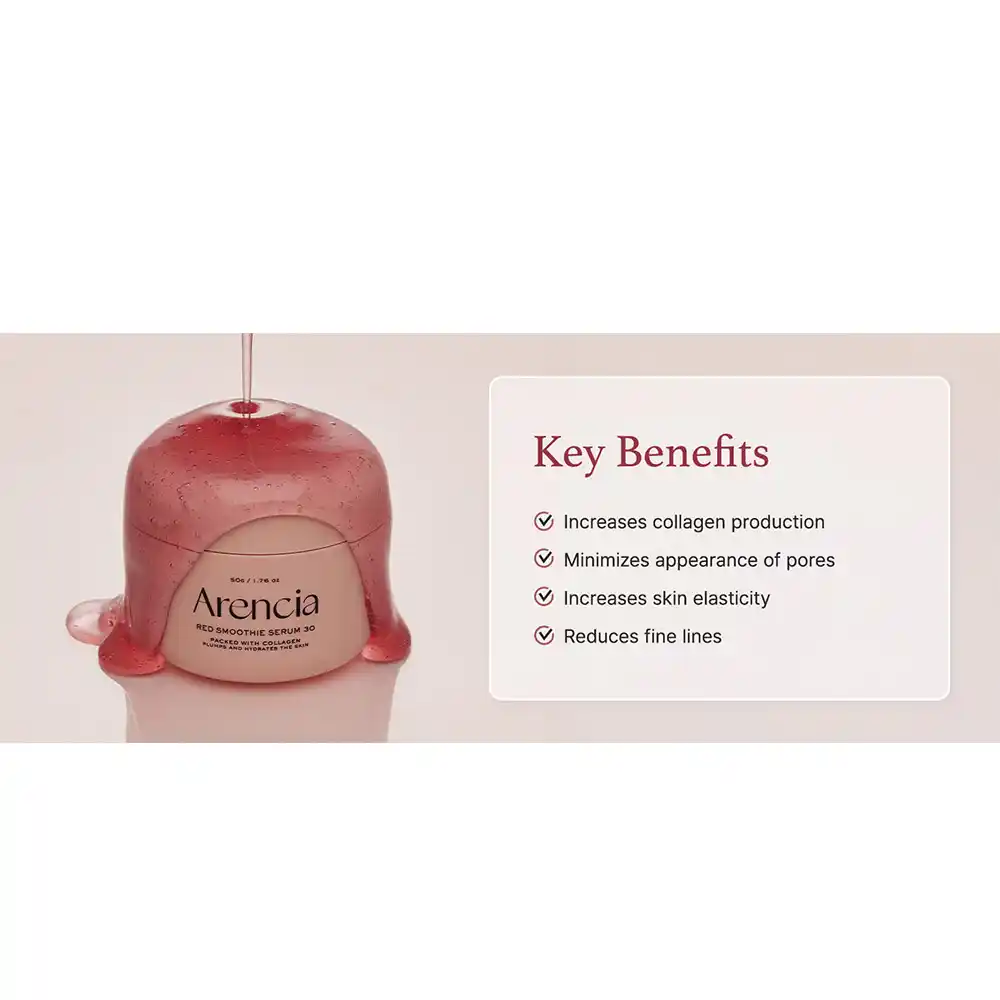 سرم ماسک اسموتی قرمز آرنسیا Arencia Overnight Red Smoothie Serum | ۳۰٪ کلاژن قرمز، نیاسینامید، پپتید و روشن‌کننده جوانساز پوست