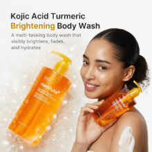شوینده لایه بردار ملایم و روشن کننده بدن کوجیک اسید و زردچوبه مدی کیوب اصل مدل Kojic Acid Turmeric Brightening Body Wash مناسب شفافیت، نرمی و رفع کدری پوست بدن