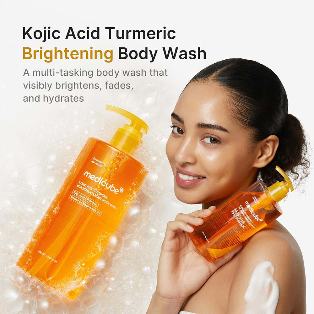 شوینده لایه بردار ملایم و روشن کننده بدن کوجیک اسید و زردچوبه مدی کیوب اصل مدل Kojic Acid Turmeric Brightening Body Wash مناسب شفافیت، نرمی و رفع کدری پوست بدن