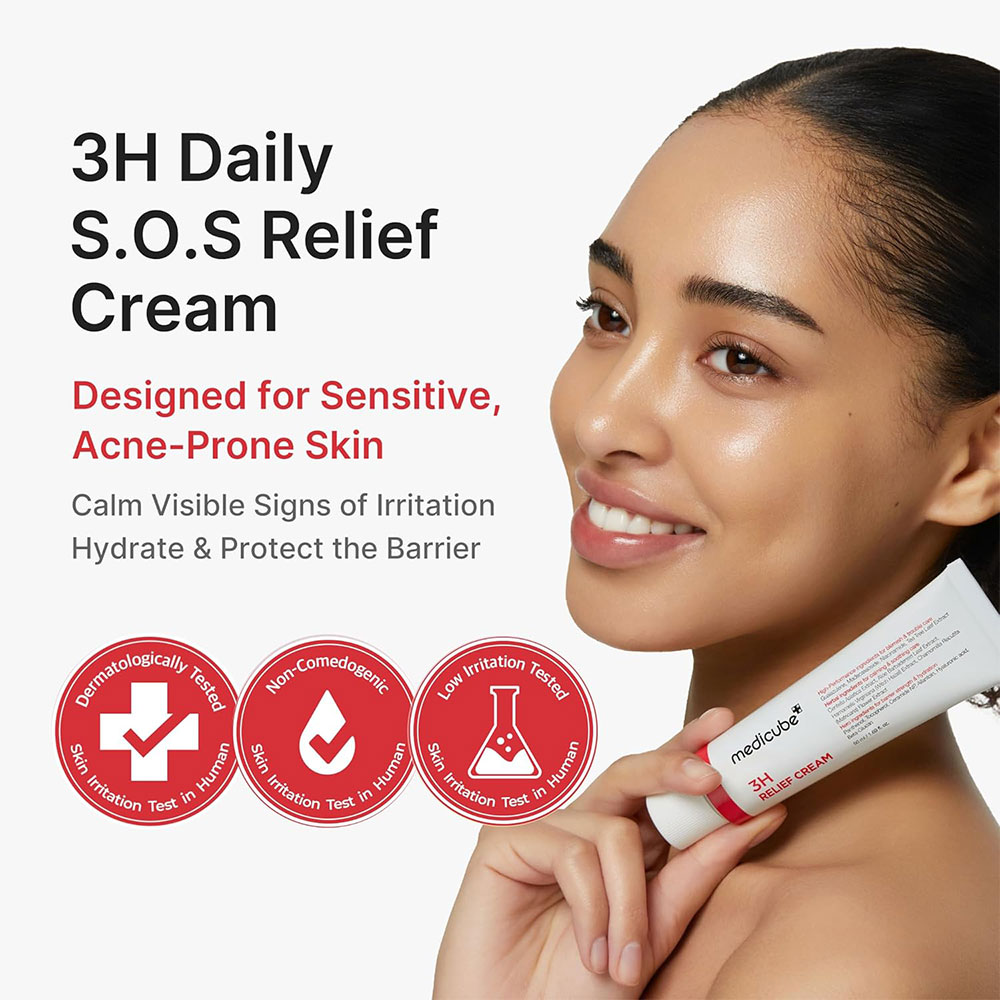 کرم ترمیم کننده و تسکین دهنده 3H مدی کیوب اصل مدل Medicube 3H Daily Relief Cream آبرسان، آرامش بخش، تقویت کننده سد دفاعی و مناسب پوست حساس